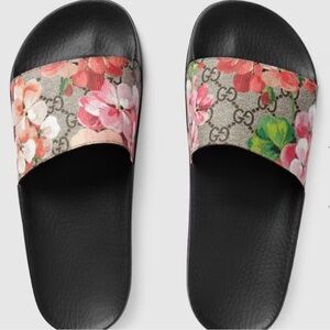 Gucci Black Slides with Floral GG Canvas Strap